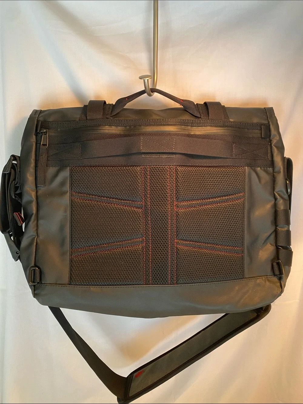 Timbuk2 Olive Green and Black Messenger Bag with Red Stitching